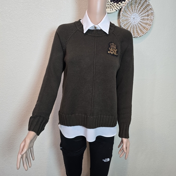 LAUREN RALPH LAUREN Womens Sweater Layered Bullion Patch Logo Brown Small - Picture 9 of 16